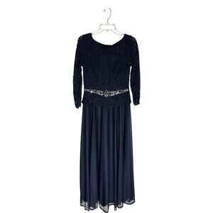 Jackie Jon New York 8 Navy Blue Lace Formal Dress Beaded Belt Wedding